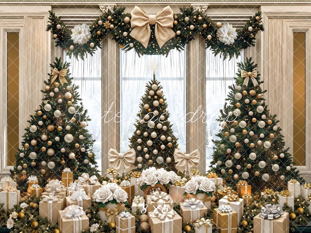 Kate Weihnachten Tannenbaum Geschenkboxen Gold Weiß Hintergrund Entworfen von Mini MakeBelieve - Kate Backdrop.de