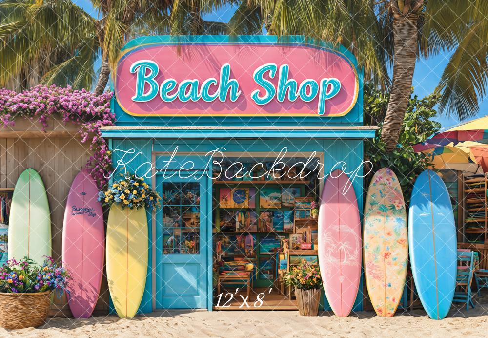 Kate Sommer Strandshop Surfbretter Palmen Fleece Hintergrund Entworfen von Emetselch - Kate Backdrop.de