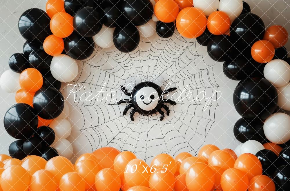 Kate Halloween Spinnennetz Ballons Orange Schwarz Hintergrund Entworfen von Patty Roberts - Kate Backdrop.de
