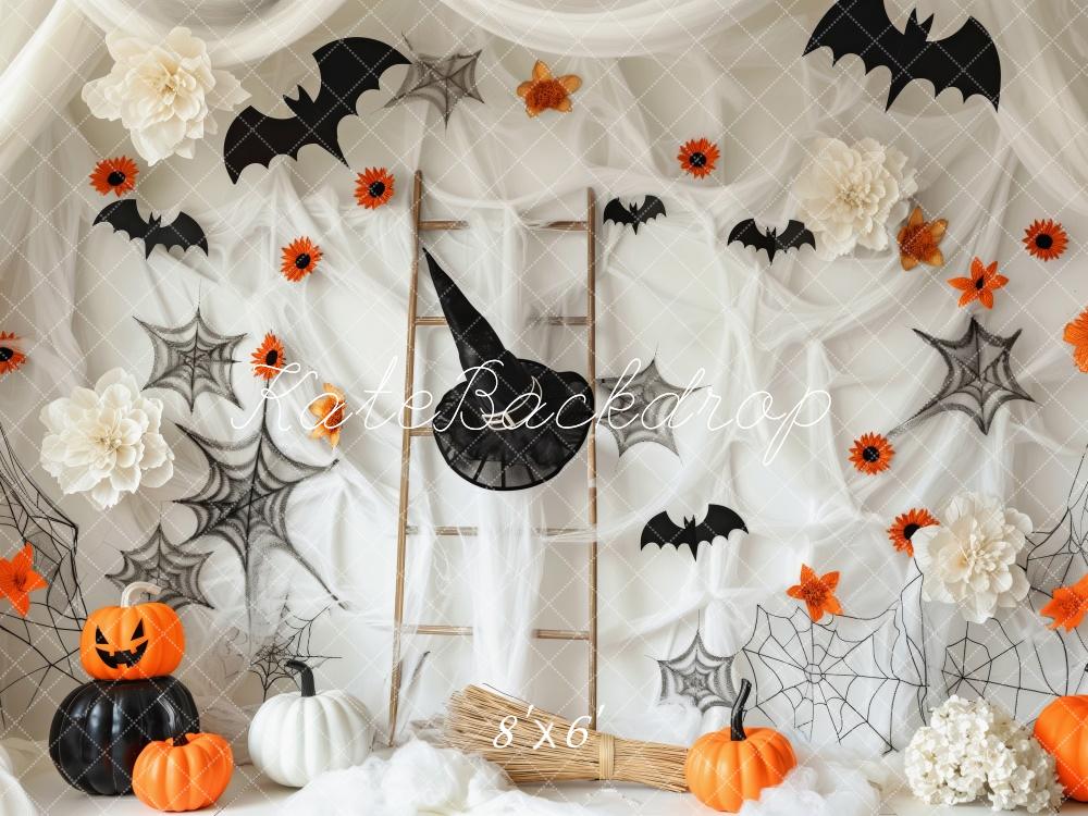 Kate Halloween Kürbisse Spinnweben Fledermäuse Hintergrund Entworfen von Patty Roberts - Kate Backdrop.de