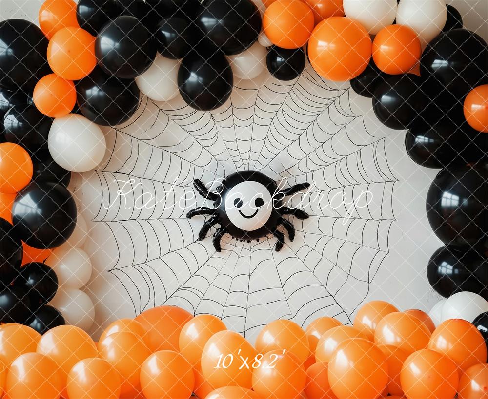 Kate Halloween Spinnennetz Ballons Orange Schwarz Hintergrund Entworfen von Patty Roberts - Kate Backdrop.de