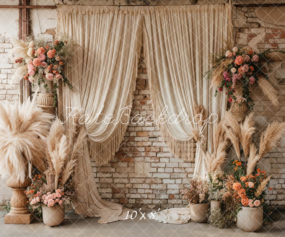 Kate Boho Ziegelwand Blumen Creme Hintergrund Entworfen von Emetselch