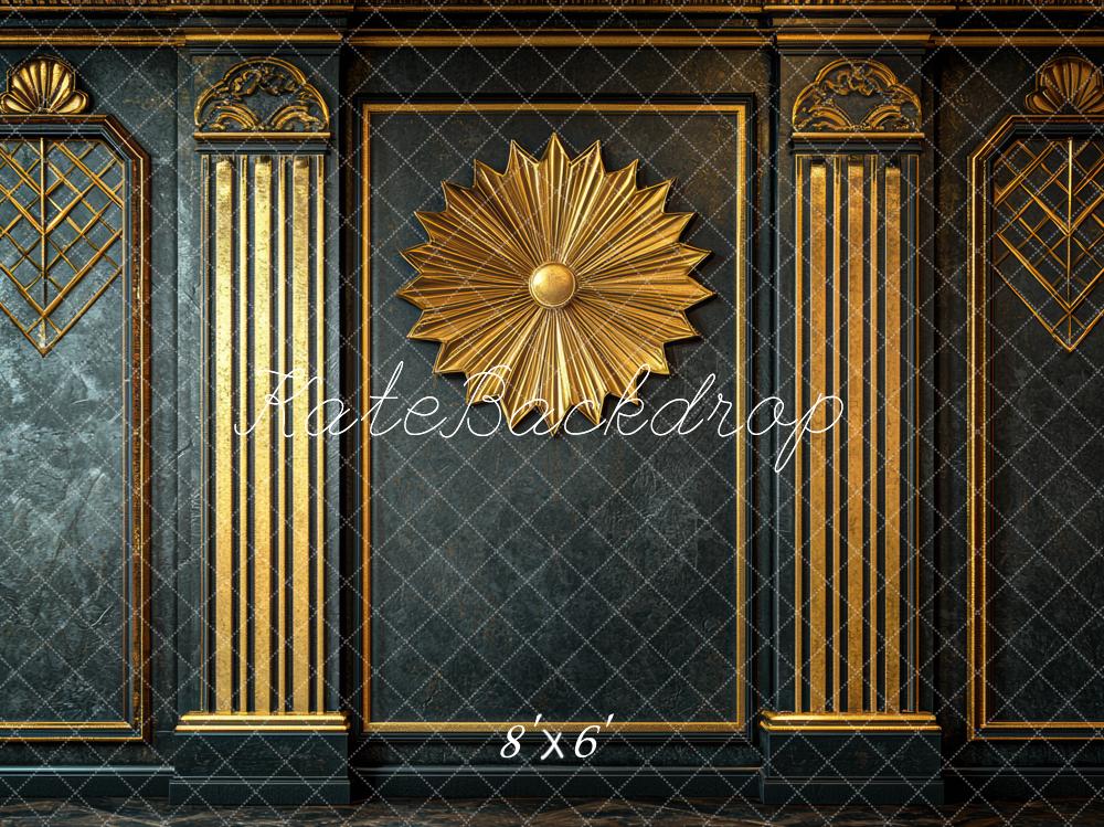 Kate Art Deco Goldene Verzierung Schwarz Hintergrund Entworfen von Mini MakeBelieve - Kate Backdrop.de
