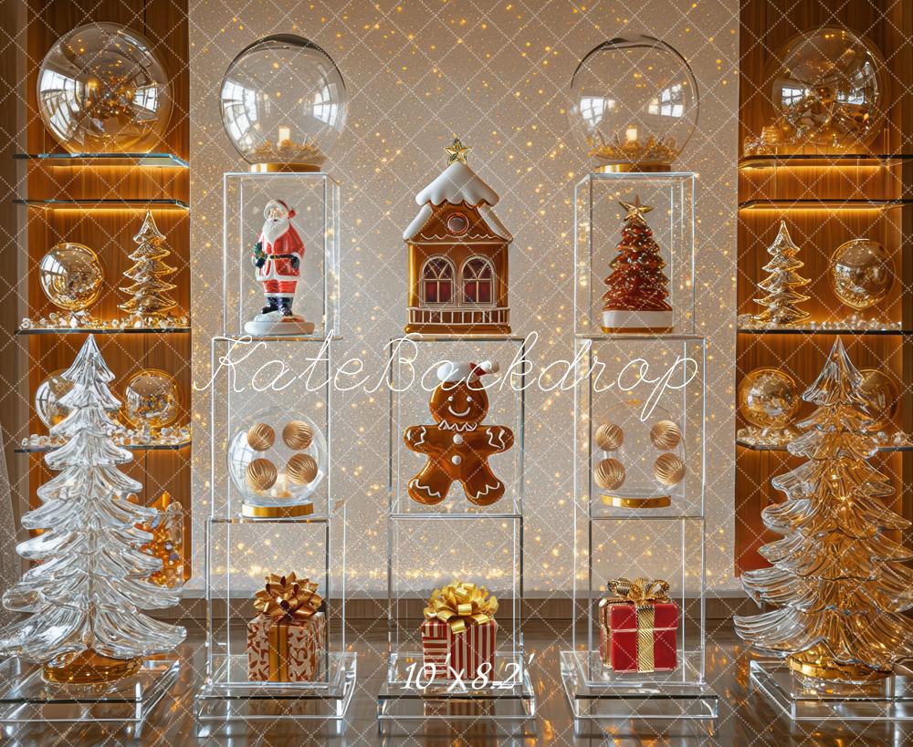 Kate Weihnachten Geschenkboxen Tannenbäume Gold Hintergrund Entworfen von Mini MakeBelieve - Kate Backdrop.de