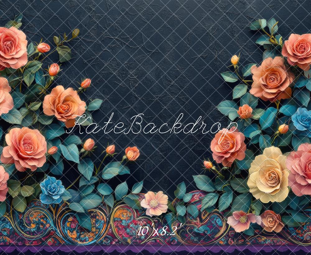Kate Blumen Rosen Ornament Dunkel Hintergrund Entworfen von Mini MakeBelieve - Kate Backdrop.de