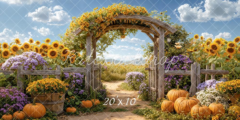 Kate Herbst Kürbisse Sonnenblumen Holztor Hintergrund Entworfen von Emetselch - Kate Backdrop.de