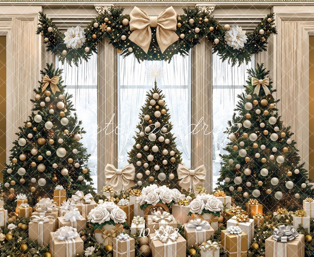 Kate Weihnachten Tannenbaum Geschenkboxen Gold Weiß Hintergrund Entworfen von Mini MakeBelieve - Kate Backdrop.de