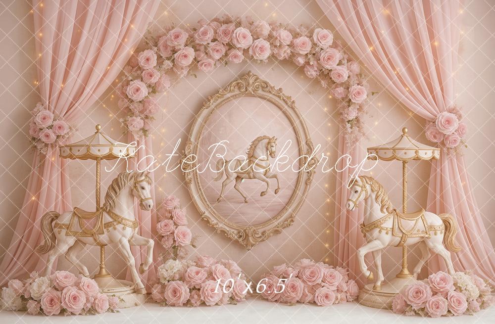 Kate Karussell Blumen Pferde Rosa Hintergrund Entworfen von Ashley Paul - Kate Backdrop.de