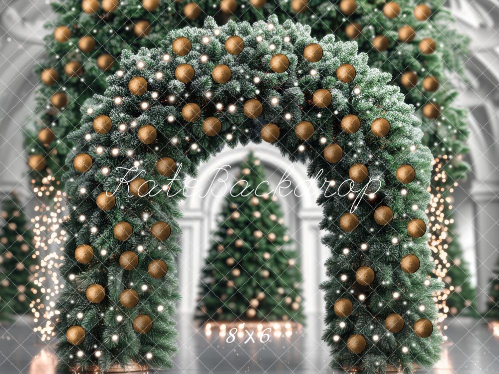 Kate Weihnachten Tannenbogen Goldene Kugeln Hintergrund Entworfen von Mini MakeBelieve - Kate Backdrop.de