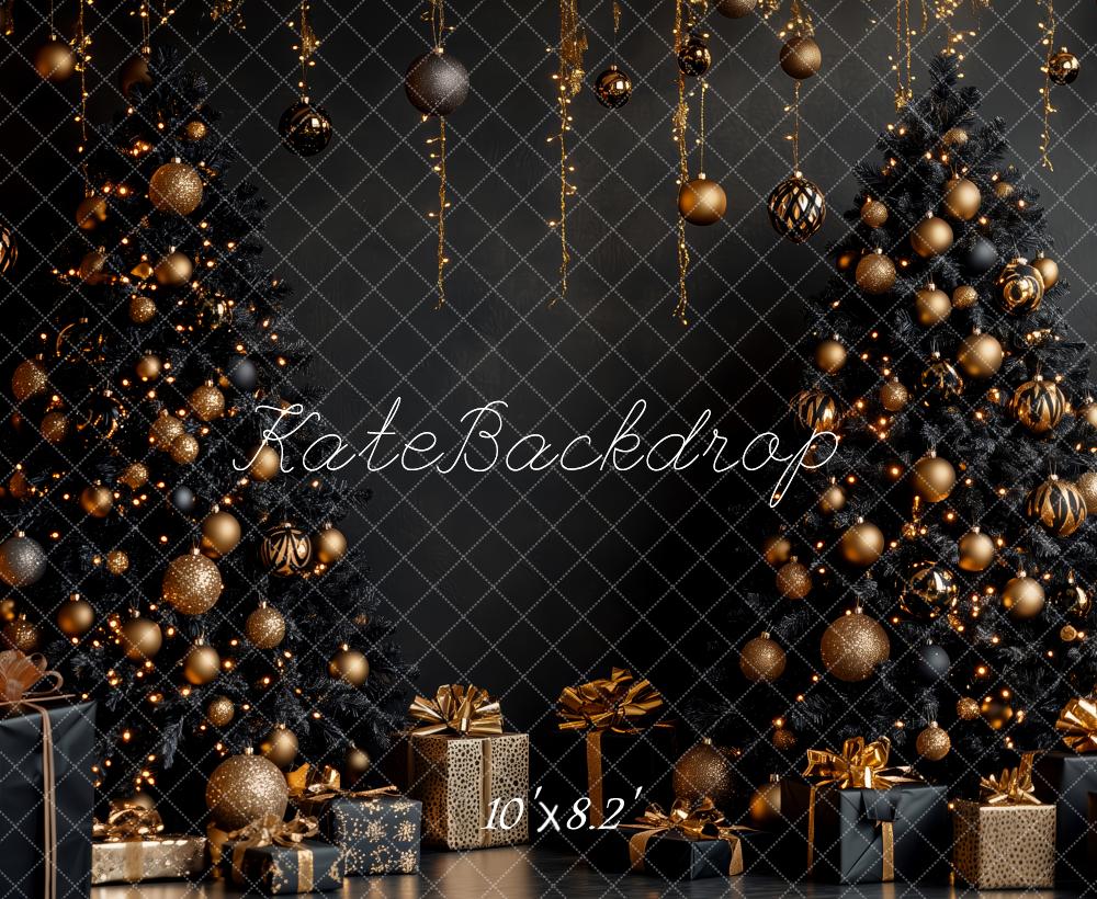 Kate Weihnachten Schwarze Bäume Gold Dekoration Hintergrund Entworfen von Patty Roberts - Kate Backdrop.de