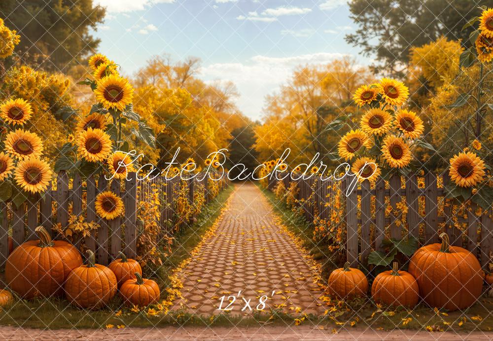 Kate Herbst Sonnenblumen Kürbisse Weg Fleece Hintergrund Entworfen von Emetselch - Kate Backdrop.de