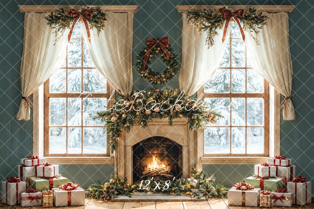 Kate Weihnachten Kamin Fenster Kranz Fleece Hintergrund Entworfen von Emetselch