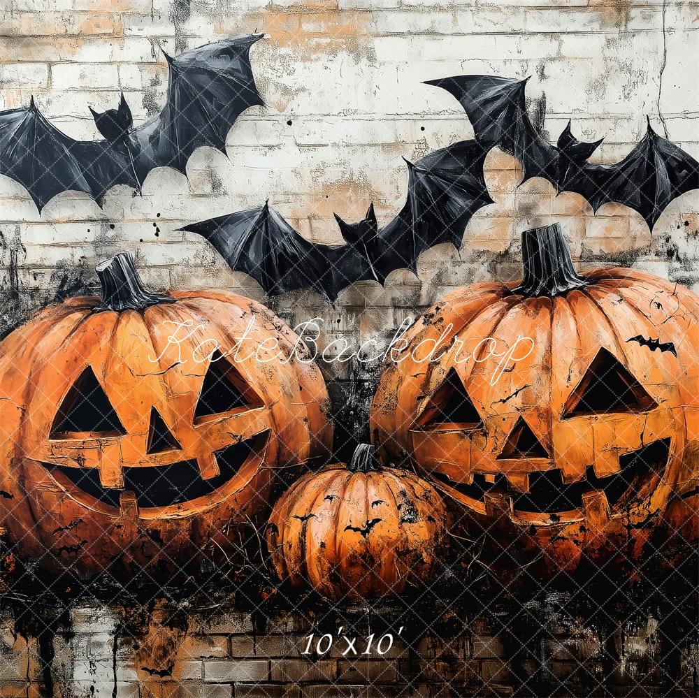 Kate Halloween Kürbisse Fledermäuse Backsteinwand Hintergrund Entworfen von Patty Roberts - Kate Backdrop.de