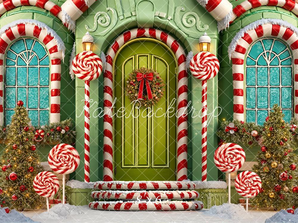Kate Weihnachten Zuckerstangen Türhaus Grün Hintergrund Entworfen von Emetselch - Kate Backdrop.de