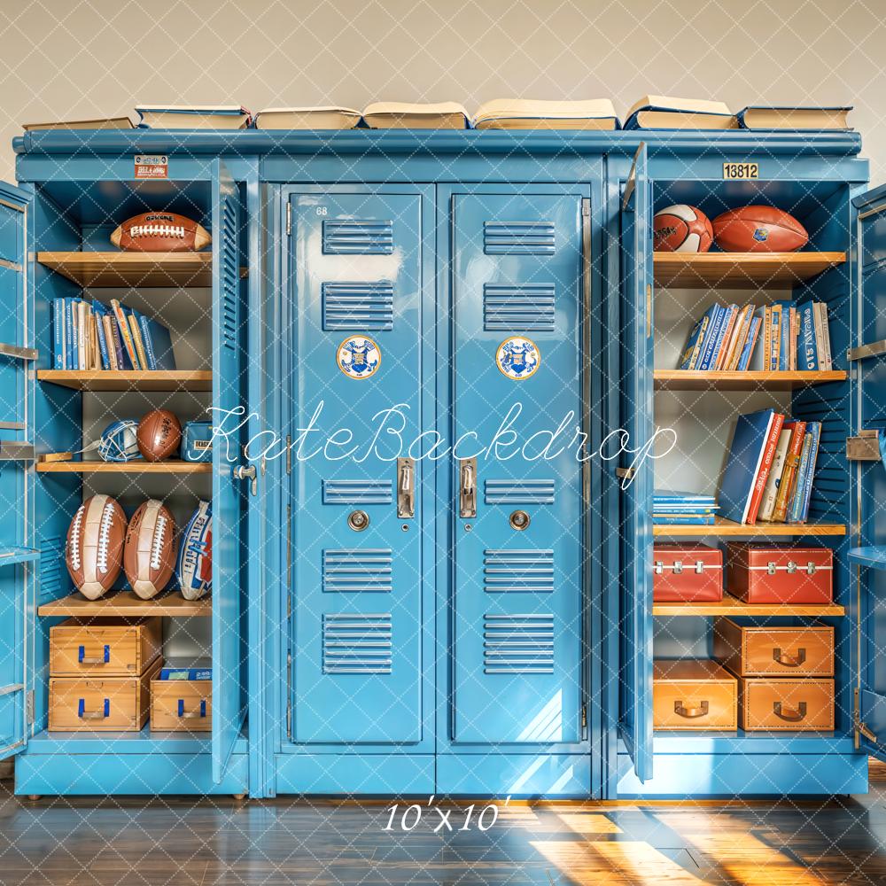Kate Zurück Zur Schule Spind Bücher Sport Blau Hintergrund Entworfen von Emetselch - Kate Backdrop.de