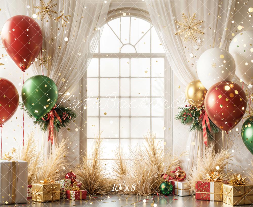 Kate Weihnachten Ballons Geschenke Fenster Fleece Hintergrund Entworfen von Emetselch - Kate Backdrop.de