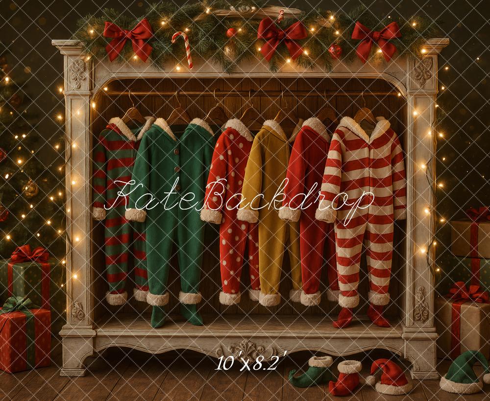 Kate Weihnachten Elfenkostüme Kamin Vintage Hintergrund Entworfen von Ashley Paul - Kate Backdrop.de