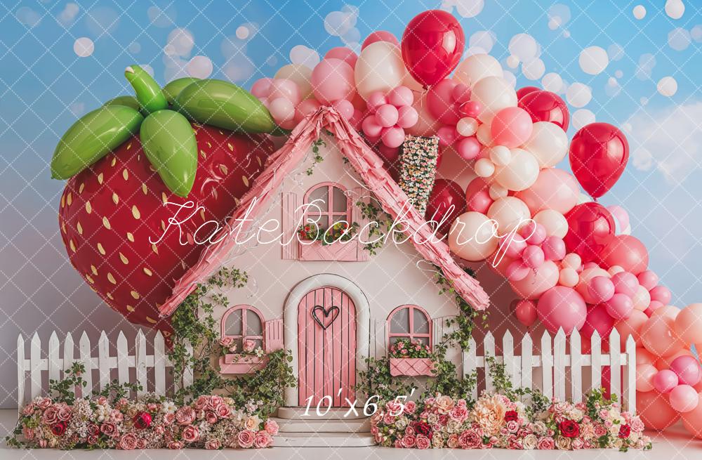 Kate Kinder Erdbeer Haus Ballons Fleece Hintergrund Entworfen von Emetselch - Kate Backdrop.de