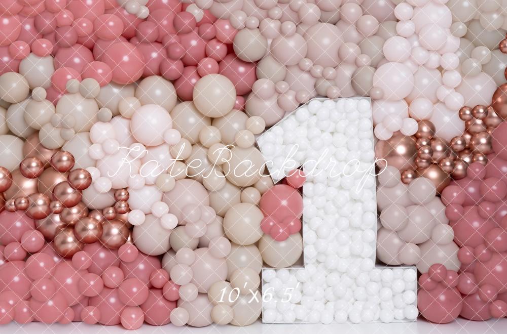 Kate Erste Geburtstag Ballonwand Rosa Creme Hintergrund Entworfen von Kerry Anderson - Kate Backdrop.de