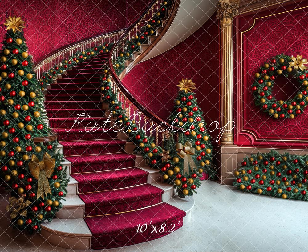 Kate Weihnachten Treppe Weihnachtsbaum Rot Hintergrund Entworfen von Mini MakeBelieve - Kate Backdrop.de