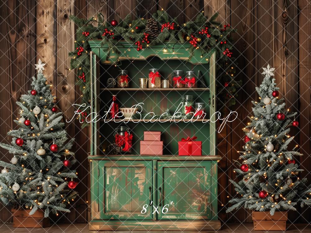 Kate Weihnachten Geschenke Tannenbäume Holz Hintergrund Entworfen von Patty Roberts - Kate Backdrop.de