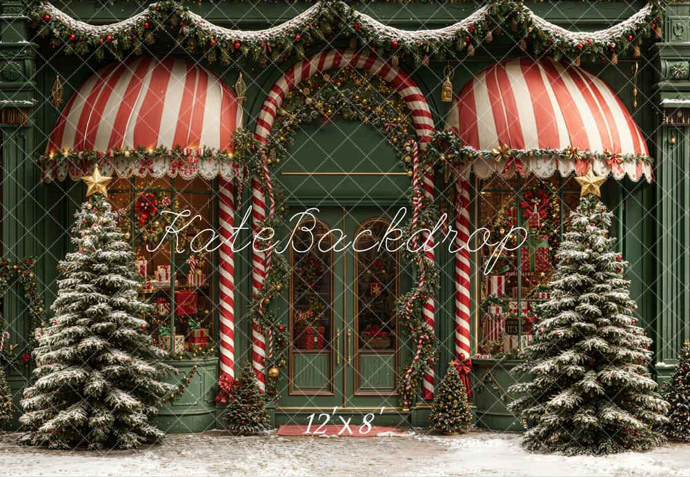 Kate Weihnachten Schaufenster Zuckerstangen Grün Fleece Hintergrund Entworfen von Emetselch - Kate Backdrop.de