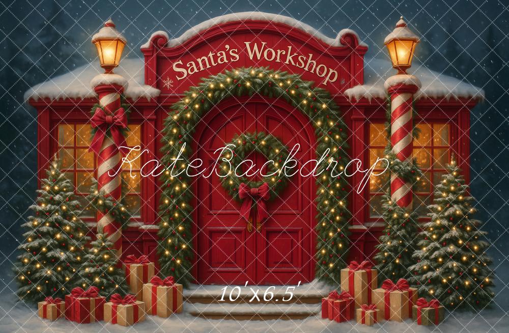 Kate Weihnachten Werkstatt Geschenke Schnee Hintergrund Entworfen von Ashley Paul - Kate Backdrop.de