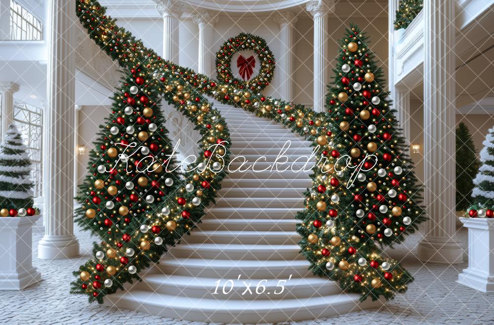 Kate Weihnachten Treppe Girlande Gold Rot Hintergrund Entworfen von Mini MakeBelieve - Kate Backdrop.de