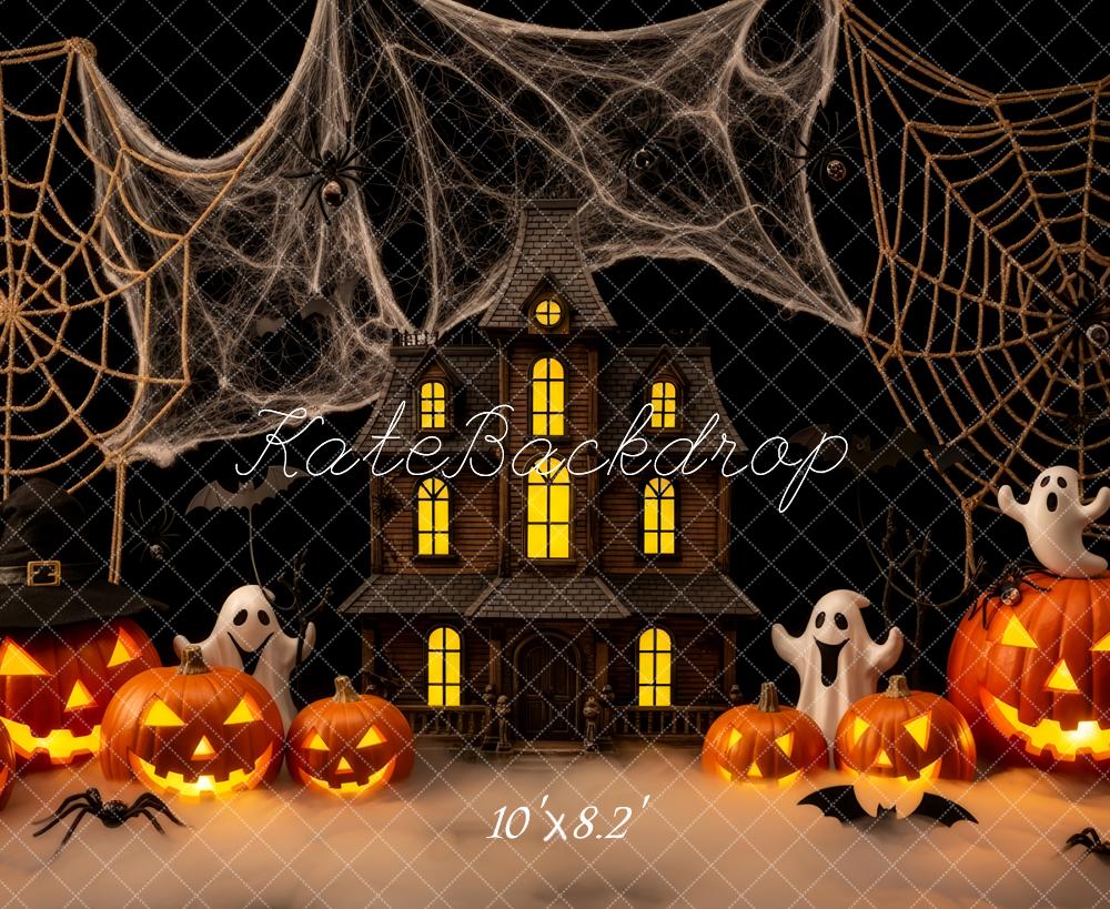 Kate Halloween Spukhaus Kürbisse Spinnennetze Hintergrund Entworfen von Patty Roberts