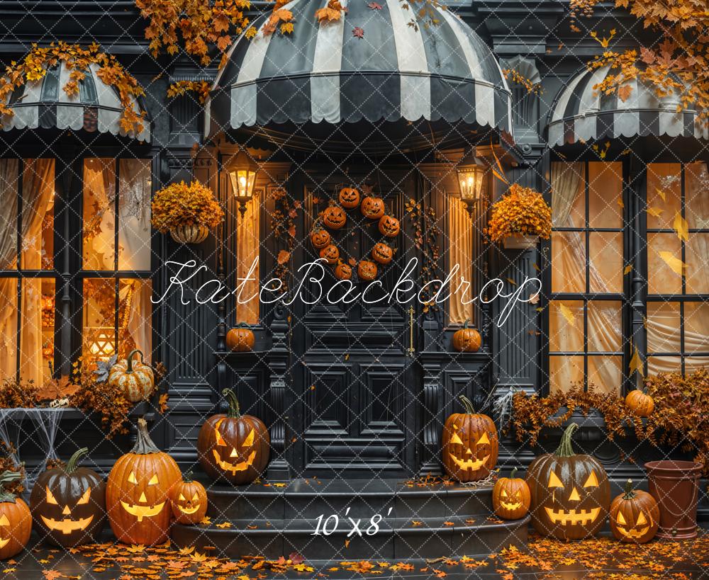 Kate Halloween Kürbisse Hausfassade Orange Fleece Hintergrund Entworfen von Emetselch - Kate Backdrop.de