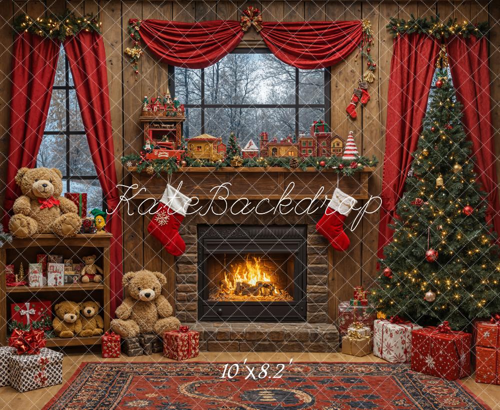 Kate Weihnachten Kamin Weihnachtsbaum Geschenke Rot Hintergrund Entworfen von Emetselch - Kate Backdrop.de
