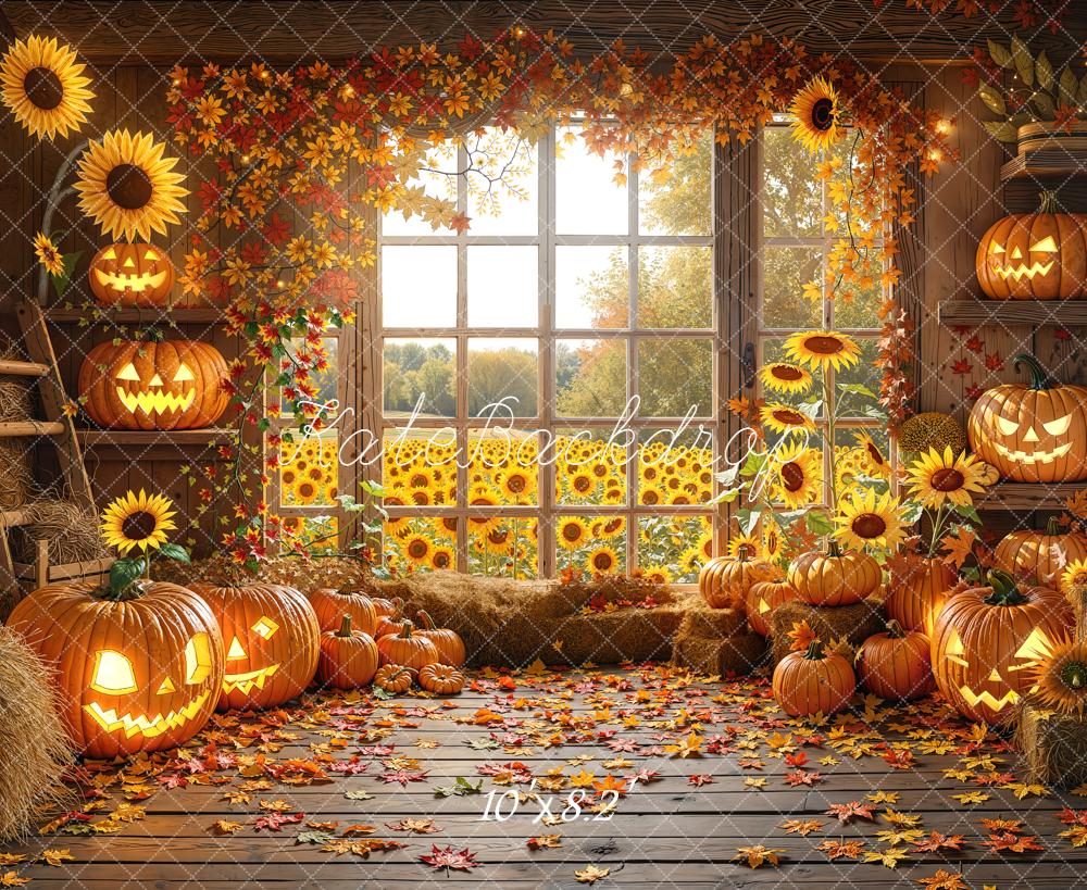 Kate Halloween Kürbisse Sonnenblumen Holz Hintergrund Entworfen von Chain - Kate Backdrop.de