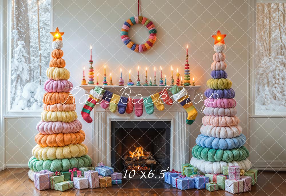 Kate Weihnachten Gestrickte Bäume Kamin Bunt Fleece Hintergrund Entworfen von Emetselch - Kate Backdrop.de