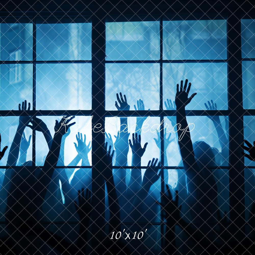 Kate Halloween Schatten Hände Fenster Blau Hintergrund Entworfen von Chain - Kate Backdrop.de