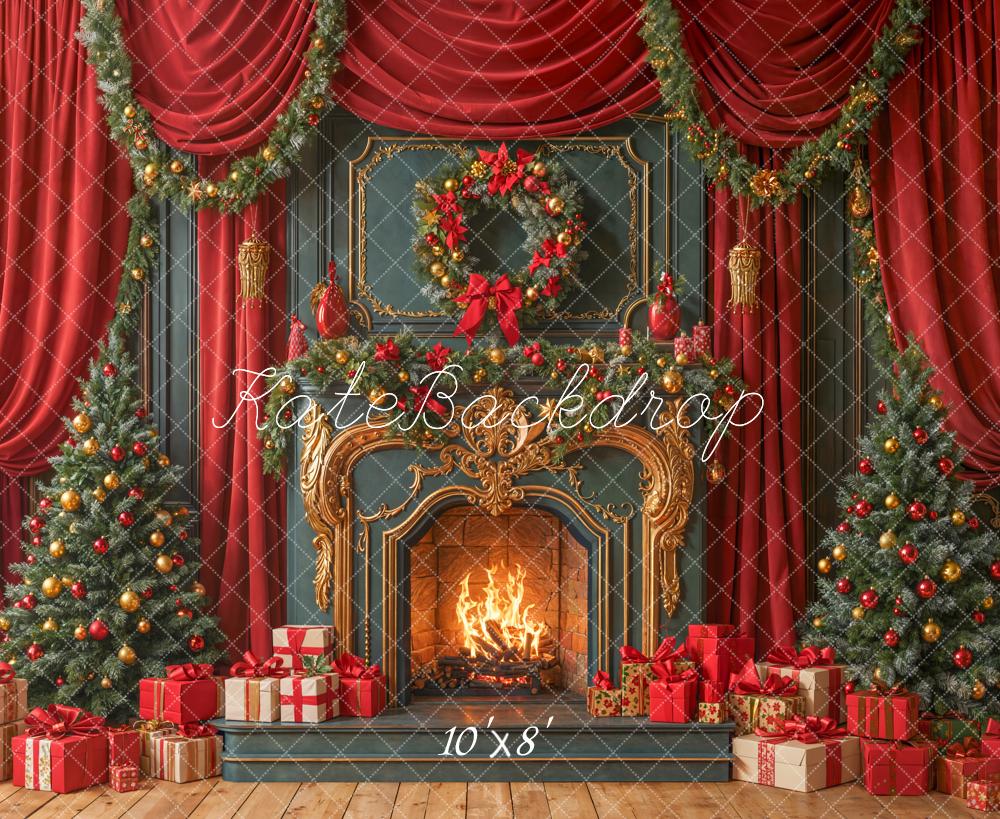 Kate Weihnachten Kamin Weihnachtsbaum Rot Fleece Hintergrund Entworfen von Emetselch - Kate Backdrop.de