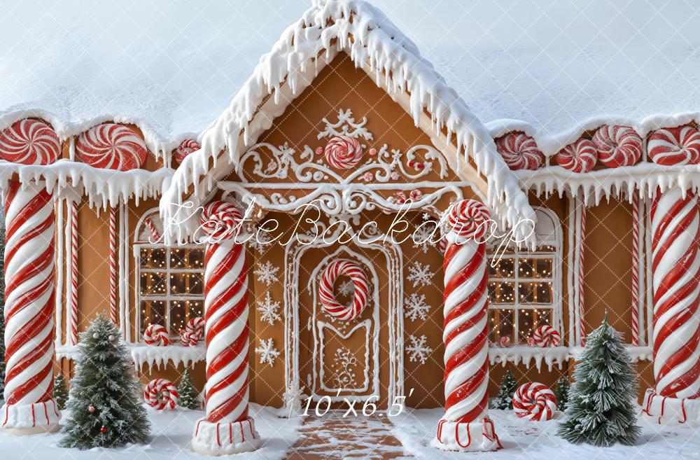 Kate Weihnachten Lebkuchenhaus Zuckerstangen Schnee Hintergrund Entworfen von Emetselch - Kate Backdrop.de
