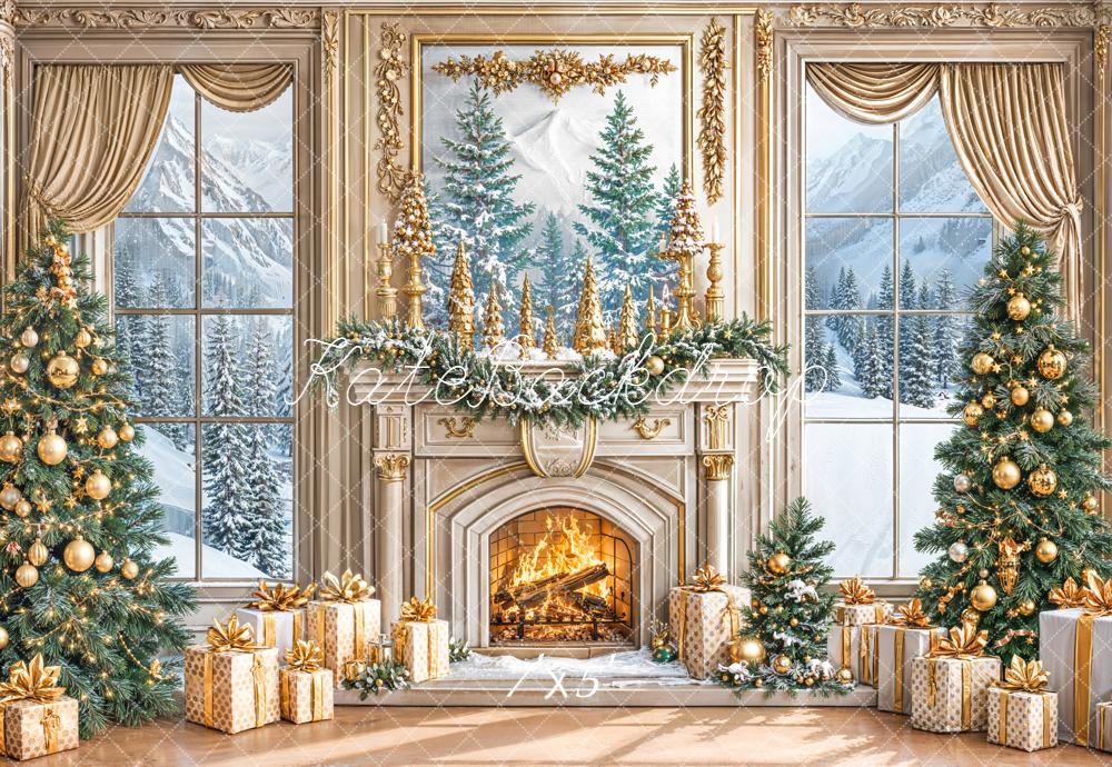 Kate Weihnachten Kamin Geschenke Gold Hintergrund Entworfen von Emetselch - Kate Backdrop.de