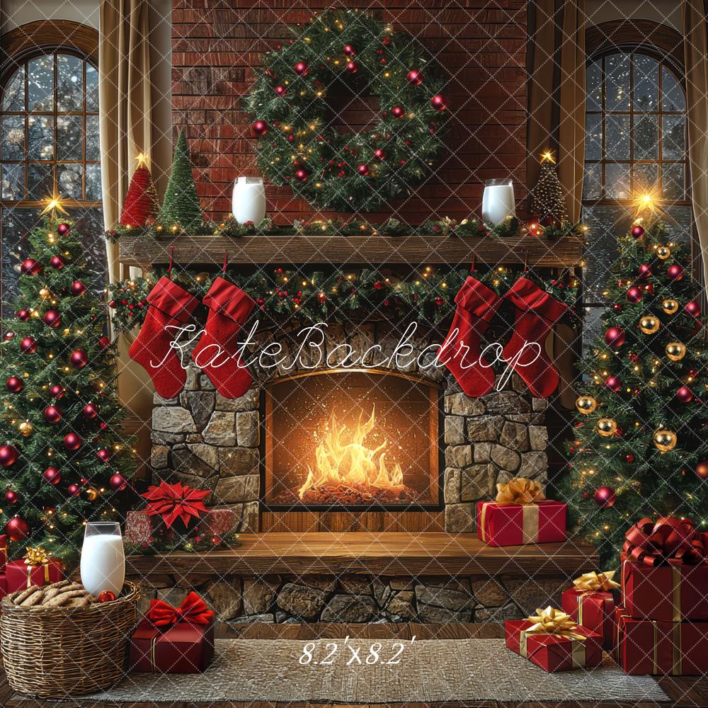 Kate Weihnachten Kaminbaum Geschenke Rot Hintergrund Entworfen von Mini MakeBelieve - Kate Backdrop.de