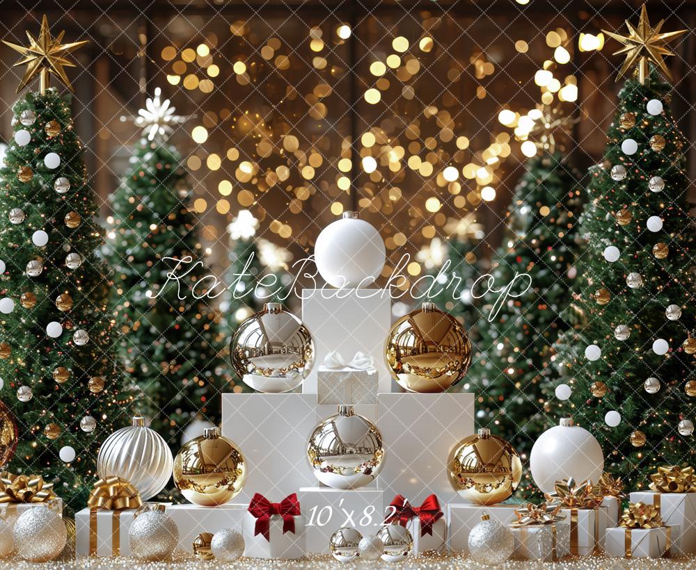 Kate Weihnachten Tannenbaum Kugeln Gold Hintergrund Entworfen von Mini MakeBelieve - Kate Backdrop.de
