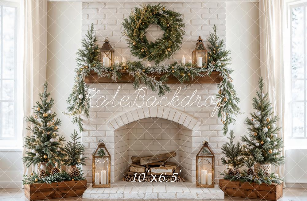 Kate Weihnachten Kamin Tannenzweige Weiß Hintergrund Entworfen von Emetselch - Kate Backdrop.de