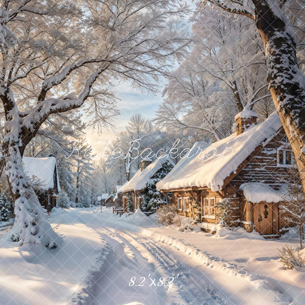 Kate Winter Dorf Holzhütten Schnee Hintergrund Entworfen von Emetselch - Kate Backdrop.de
