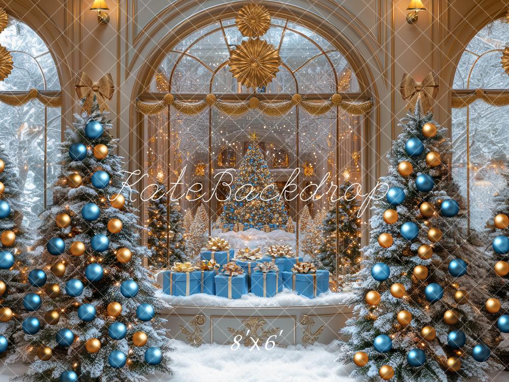 Kate Weihnachten Tannenbaum Geschenke Blau Gold Hintergrund Entworfen von Mini MakeBelieve - Kate Backdrop.de