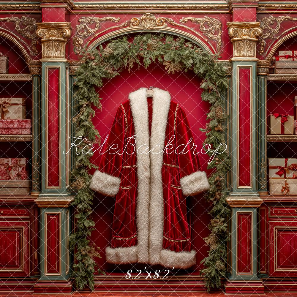 Kate Weihnachten Geschenkregal Santa Mantel Rot Hintergrund Entworfen von Patty Roberts - Kate Backdrop.de