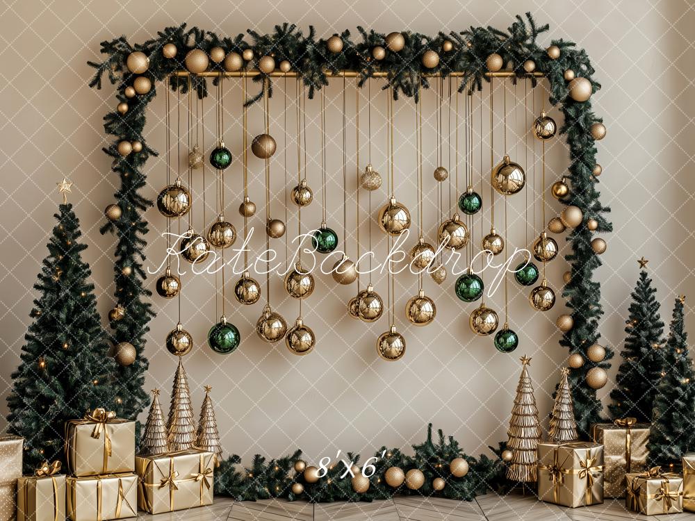 Kate Weihnachten Geschenkboxen Christbaumkugeln Goldgrün Hintergrund Entworfen von Patty Roberts - Kate Backdrop.de
