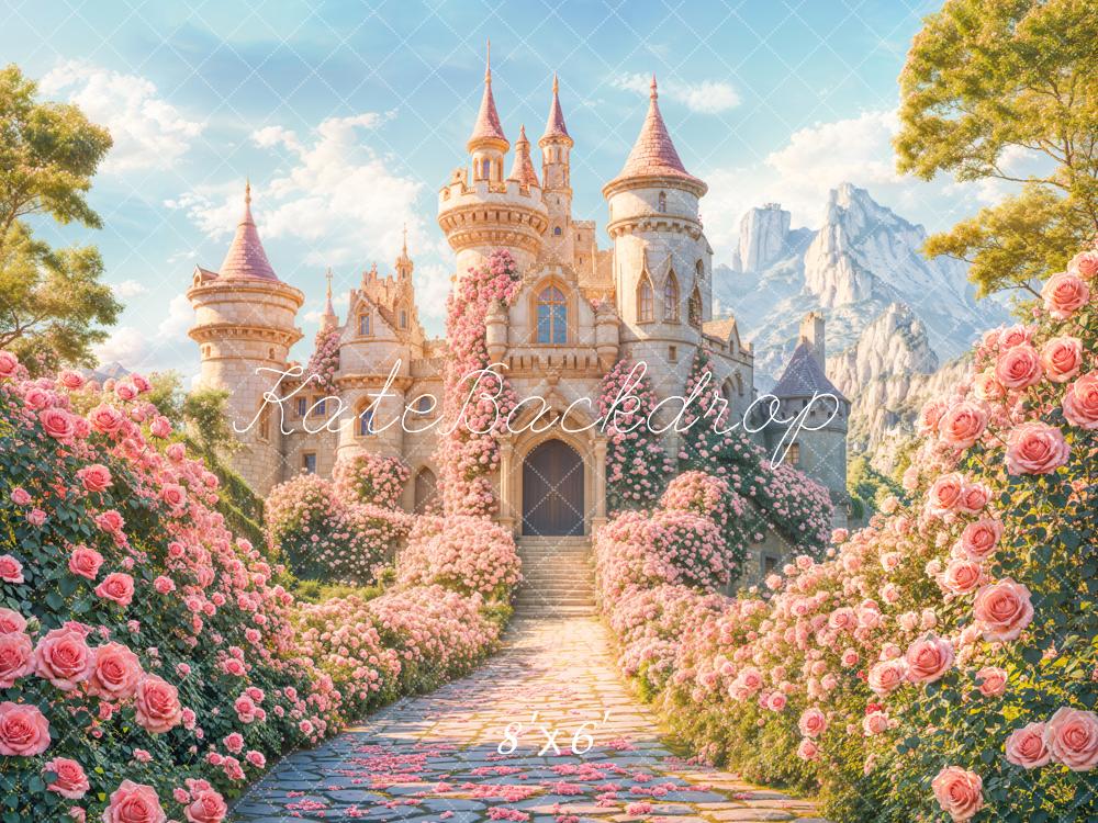 Kate Fairy Fantasy Schloss Rosengarten Pastell Fleece Hintergrund Entworfen von Chain - Kate Backdrop.de
