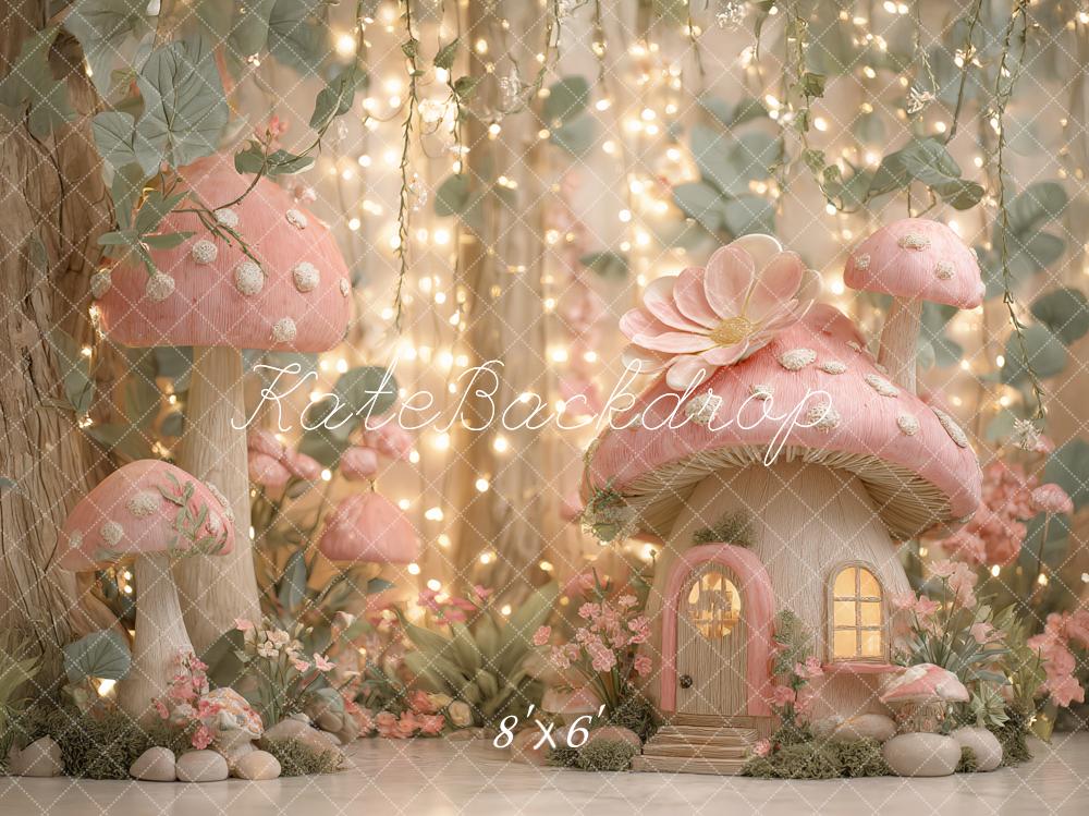 Kate Märchen Pilzhäuser Lichter Rosa Hintergrund Entworfen von Ashley Paul - Kate Backdrop.de
