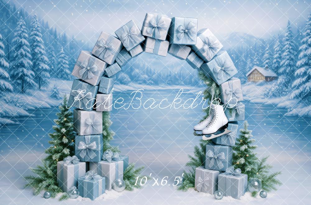Kate Winter Geschenkboxen Bogen Blau Hintergrund Entworfen von Patty Roberts - Kate Backdrop.de