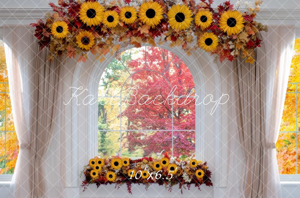 Kate Herbst Fenster Sonnenblumen Blumenbogen Hintergrund Entworfen von Mini MakeBelieve - Kate Backdrop.de
