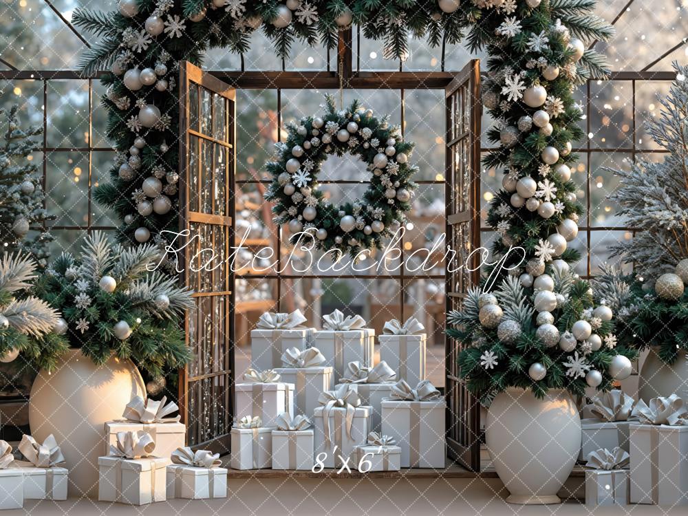 Kate Weihnachten Geschenke Tannenkranz Weiß Hintergrund Entworfen von Mini MakeBelieve - Kate Backdrop.de