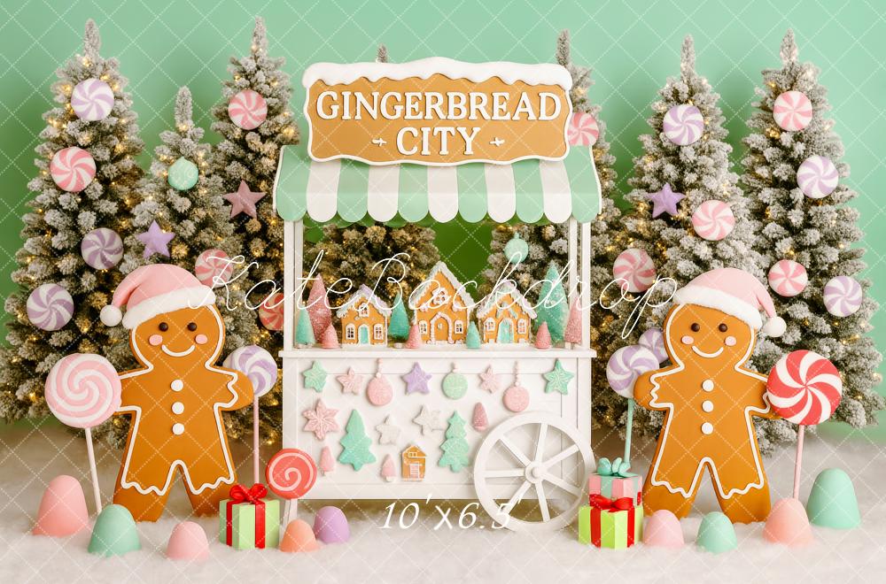 Kate Weihnachten Lebkuchenhaus Tannen Pastell Hintergrund Entworfen von Patty Roberts - Kate Backdrop.de
